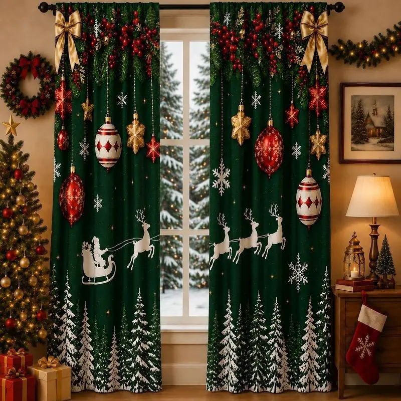 VIKAMA Christmas Blackout Curtains Green Reindeer Sleigh Ornament Pine Snowflake Print Window Drapes For Living Room Bedroom