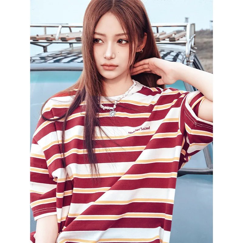 Striped American Embroidered Short sleeved T-shirt Couple Loose Casual t shirts my body my choice