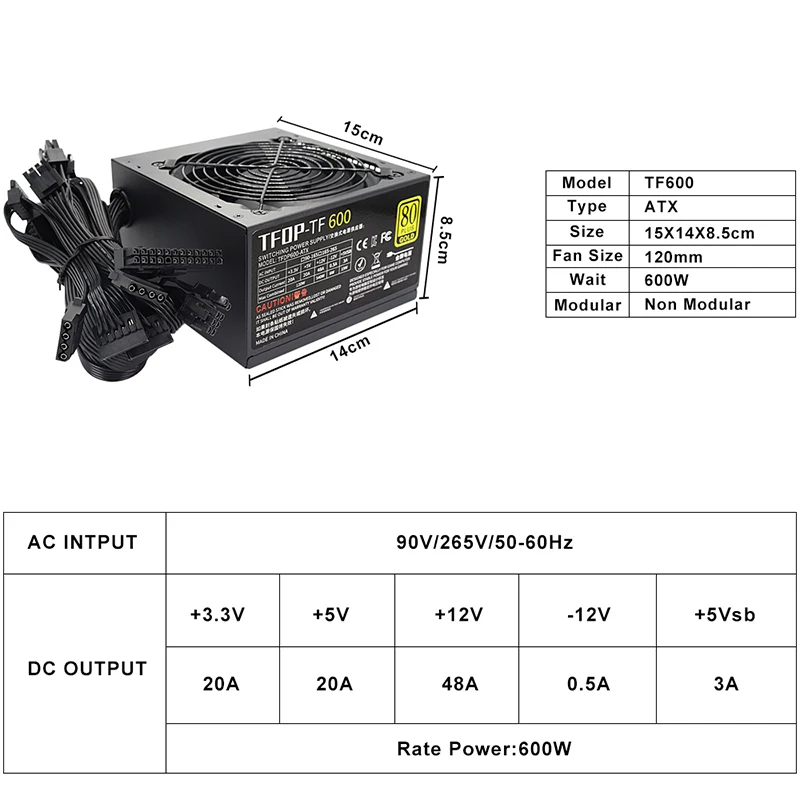600W Netzteil 80PLUS Gold ATX PC Netzteil Nicht modular 90V-265V 20+4PIN Leise Geeignet für Desktop-Computer Server Gaming PC