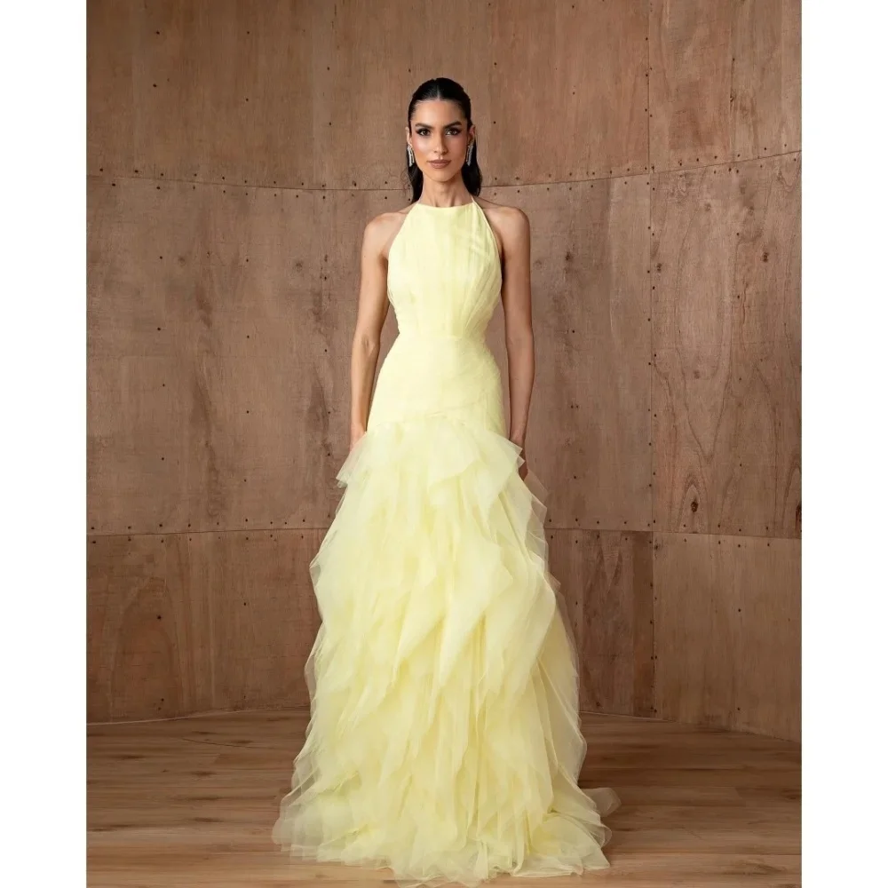 

JDY Custom Yellow Halter Neck Multi-Layer Evening Robe Mesh Fabric A-Line Party Dress Floor-Length Ball Gown