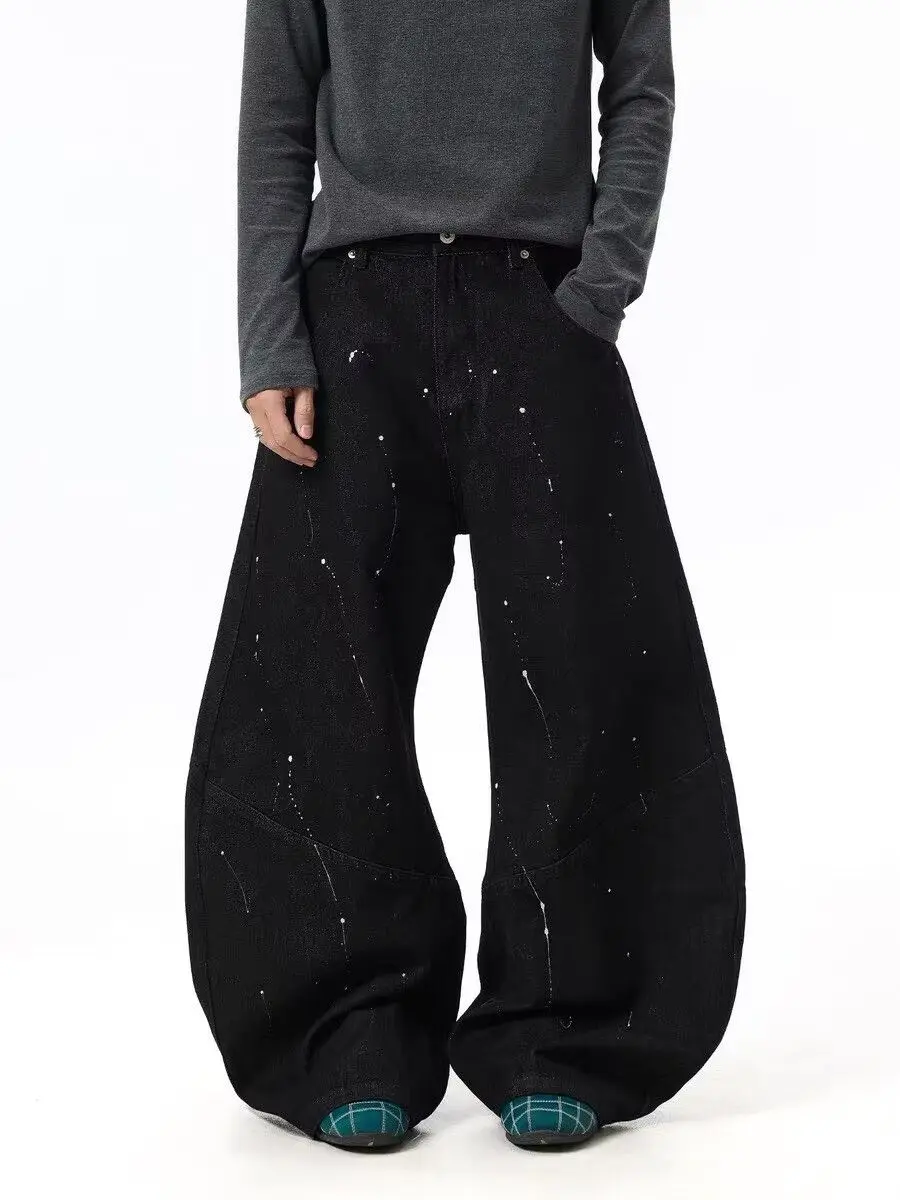 Men's Splashing Ink Design Vintage High Waist Denim Pants Cool Boy Streetwear Jeans Fashion Bottoms Retro Male Y2k Trousers