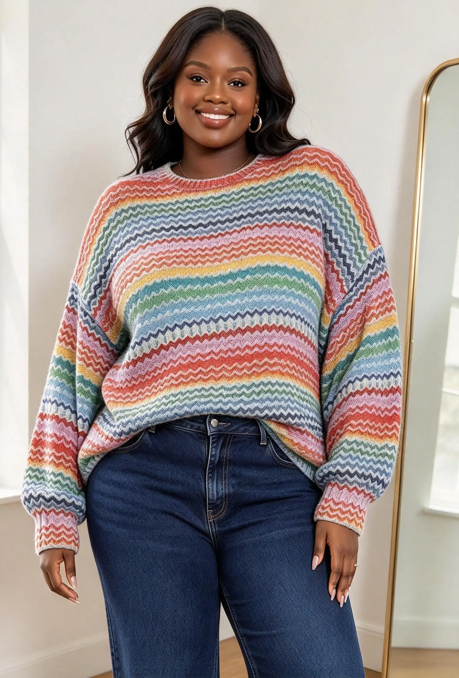 Plus Size Women Rainbow Wavy Stripe Knit Sweater,O Neck Long Sleeve Loose Oversized Pullover Casual Autumn Knitted Jumper Tops