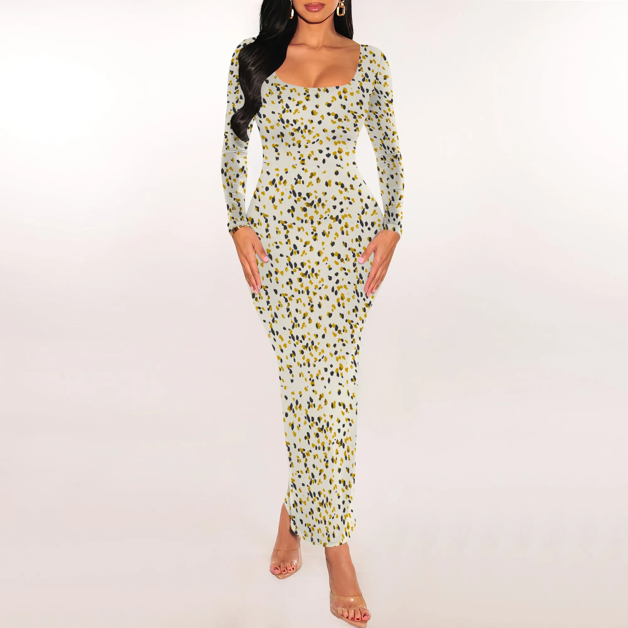 Abito lungo maxi aderente da donna a maniche lunghe con scollo quadrato