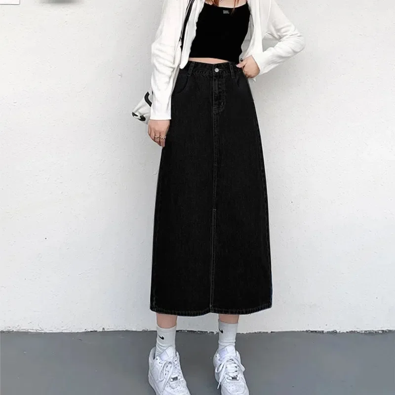 Falda vaquera negra de cintura alta y longitud media con abertura lateral, estilo holgado y adelgazante, vestido largo moderno para realzar las piernas