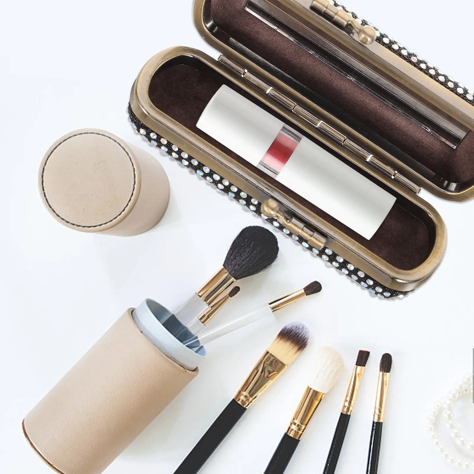 

Portable Lipstick Case Plating Metal Holder with Mirror Travel Make Up Organizer Storage Bag Rhinestone Design