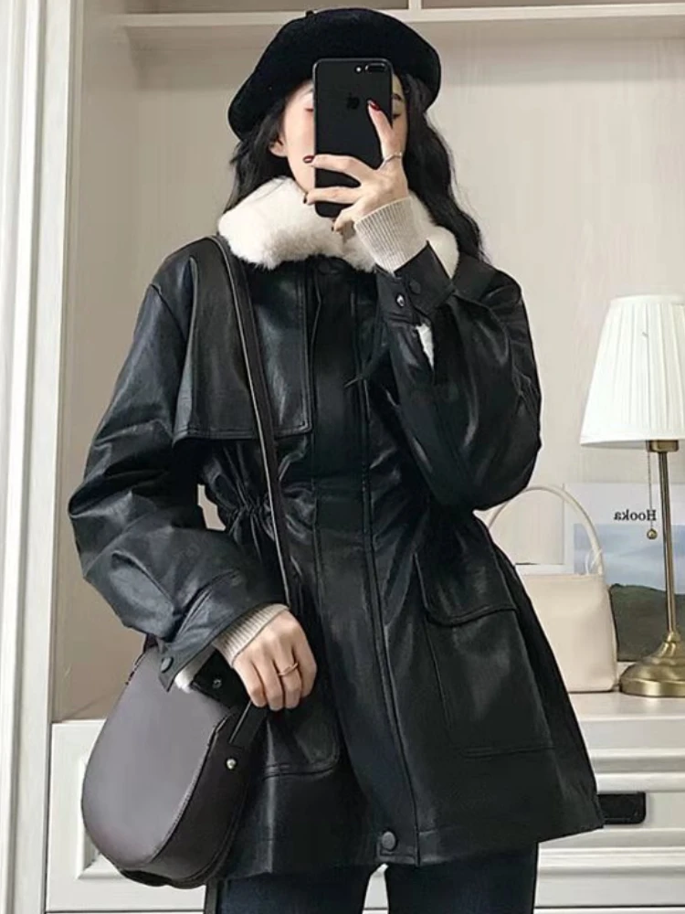 Autumn Winter Faux Leather Jackets for Women Fur Collar Fleece Lined PU Leather Coat with Belt Black Loose Outwear Mujer