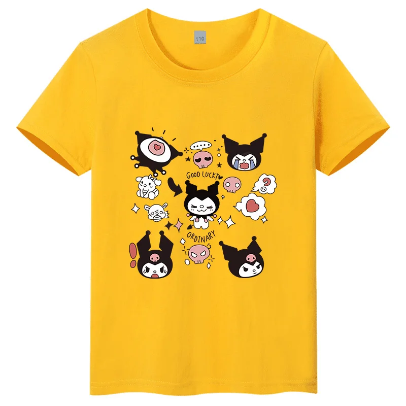 

Новая детская футболка Sanrio Kuromi 2026 года, с полноцветным принтом, модная повседневная, с круглым вырезом, из чистого хлопка, для родителей и детей