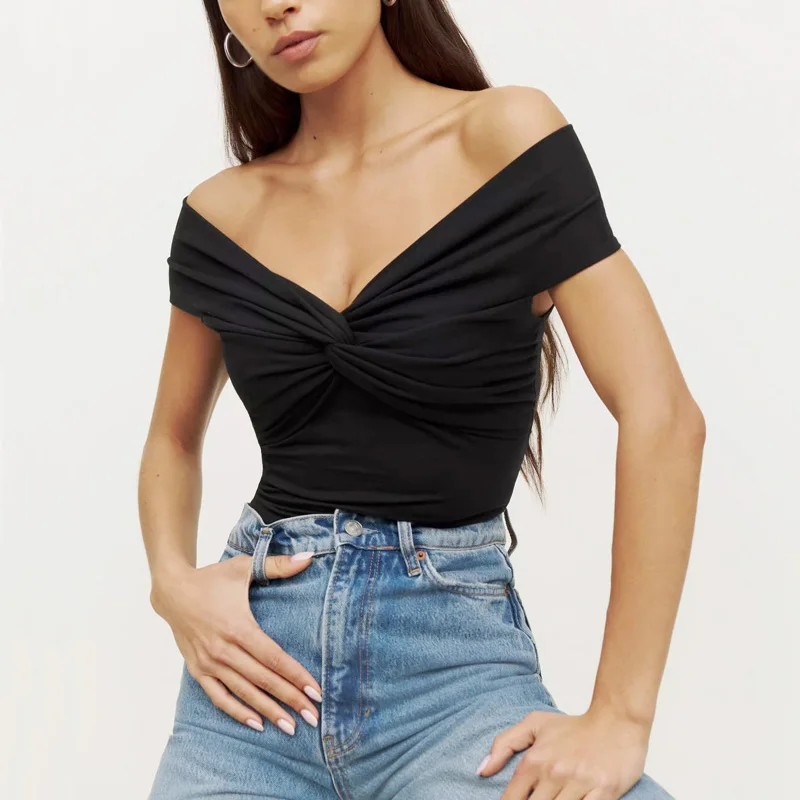 Twist Front Bardot Top for Women, Slash Neck, Detail Top