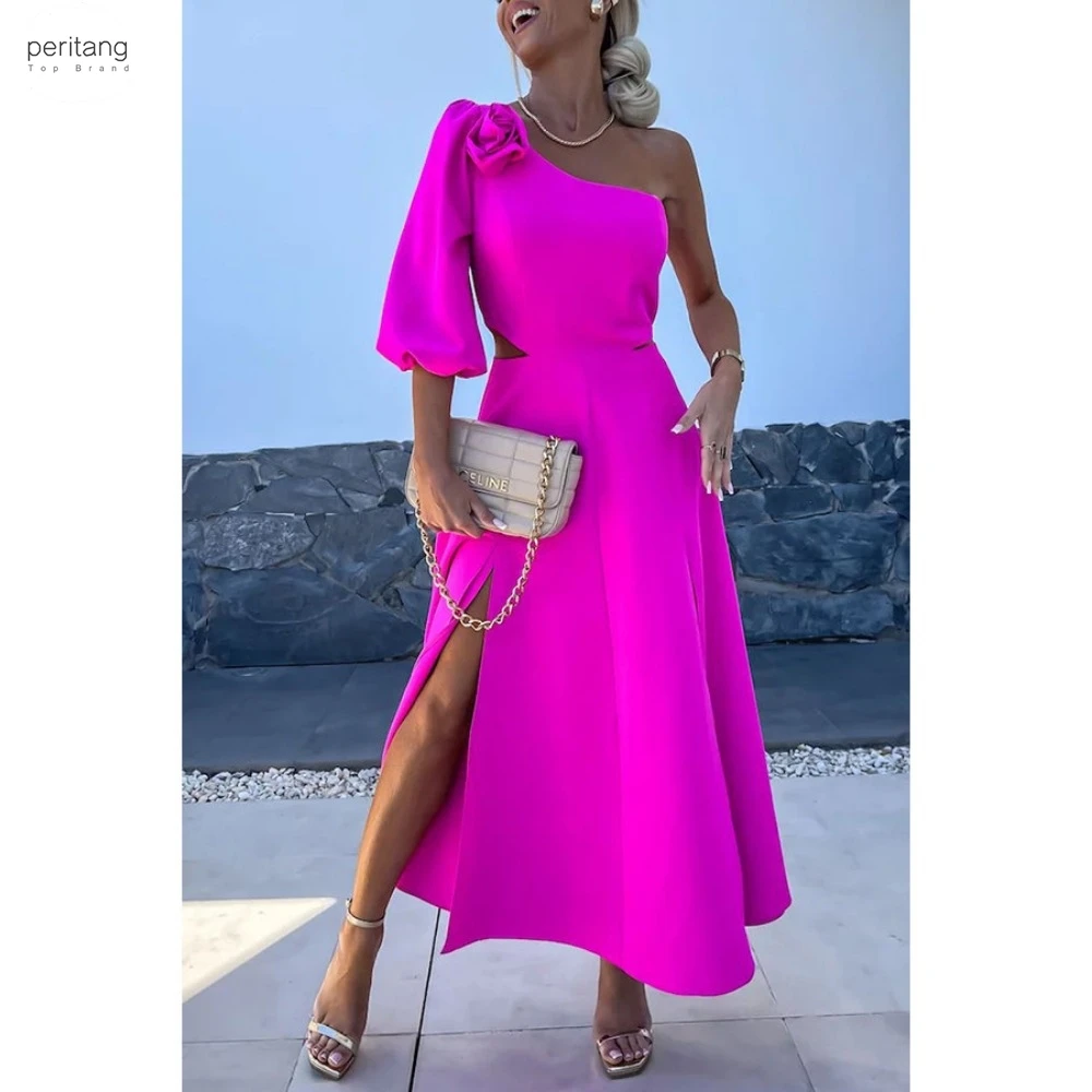 

PERITANG Spring Summer Solid Dress Women Sexy Slant Neck Off Shoulder Long Sleeve High Waist Split Long Elegant Party Dress