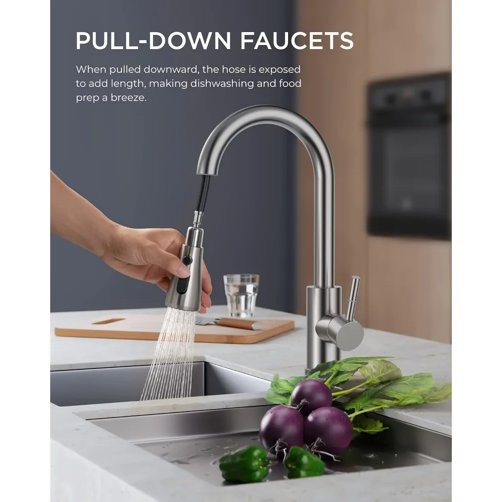 Kitchen Faucets, Brushed Nickel Kitchen Faucet with Pull Down Sprayer, High Arc Single Handle Stainless Sink Faucets 1 or 3 Hole