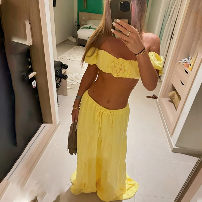 

Elegant Off Shoulder Top and Party Skirt Suit Women Fashion Lace-Up Waist Solid Summer Set Casual Short Sleeve Beach 2Pc Outfits