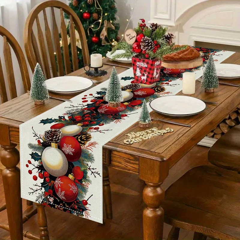 Christmas Pine Needle Xmas Balls Berry Linen Table Runner Party Decor Reusable Winter Kitchen Dining Table Runner Xmas Decor