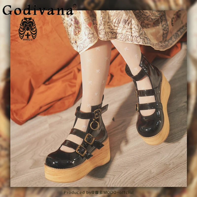 

Japanese Original Retro Elegant Lady Lolita Thick-Soled Platform Shoes Round Toe Wood Grain Sole JK Uniform Mary Jane Shoes