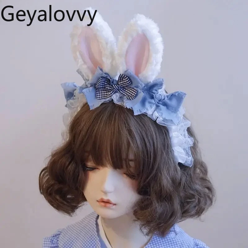 

Original Handmade Kawaii Light Blue Rabbit Ear Hair-Hoop Headband Ruffled Lolita Bow Sweet Cute Girl Hair Accessories