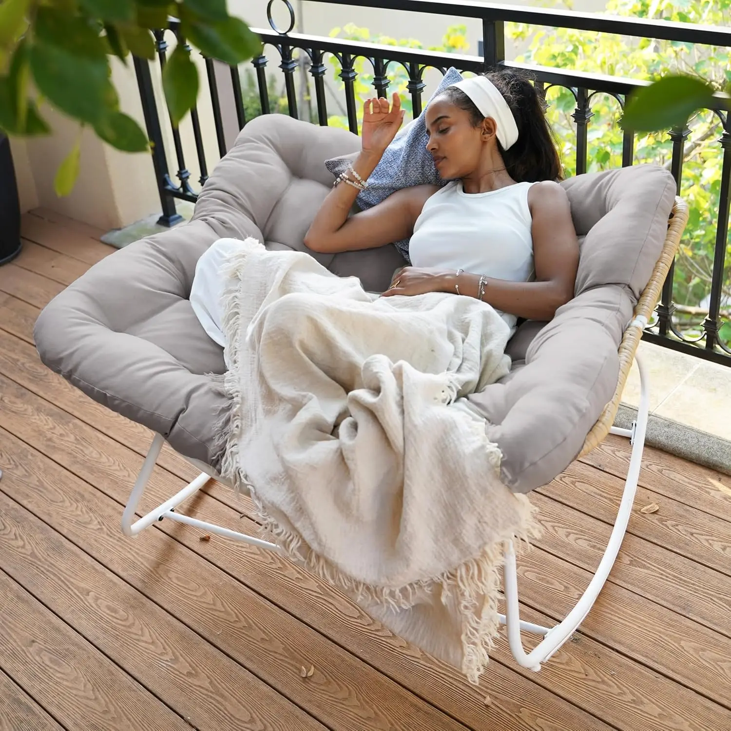 Outdoor Rocking Chair, Oversized Rattan Papasan Rocking Chair, Patio Wicker Egg Chair with Padded Cushion, Rocker Egg Chair
