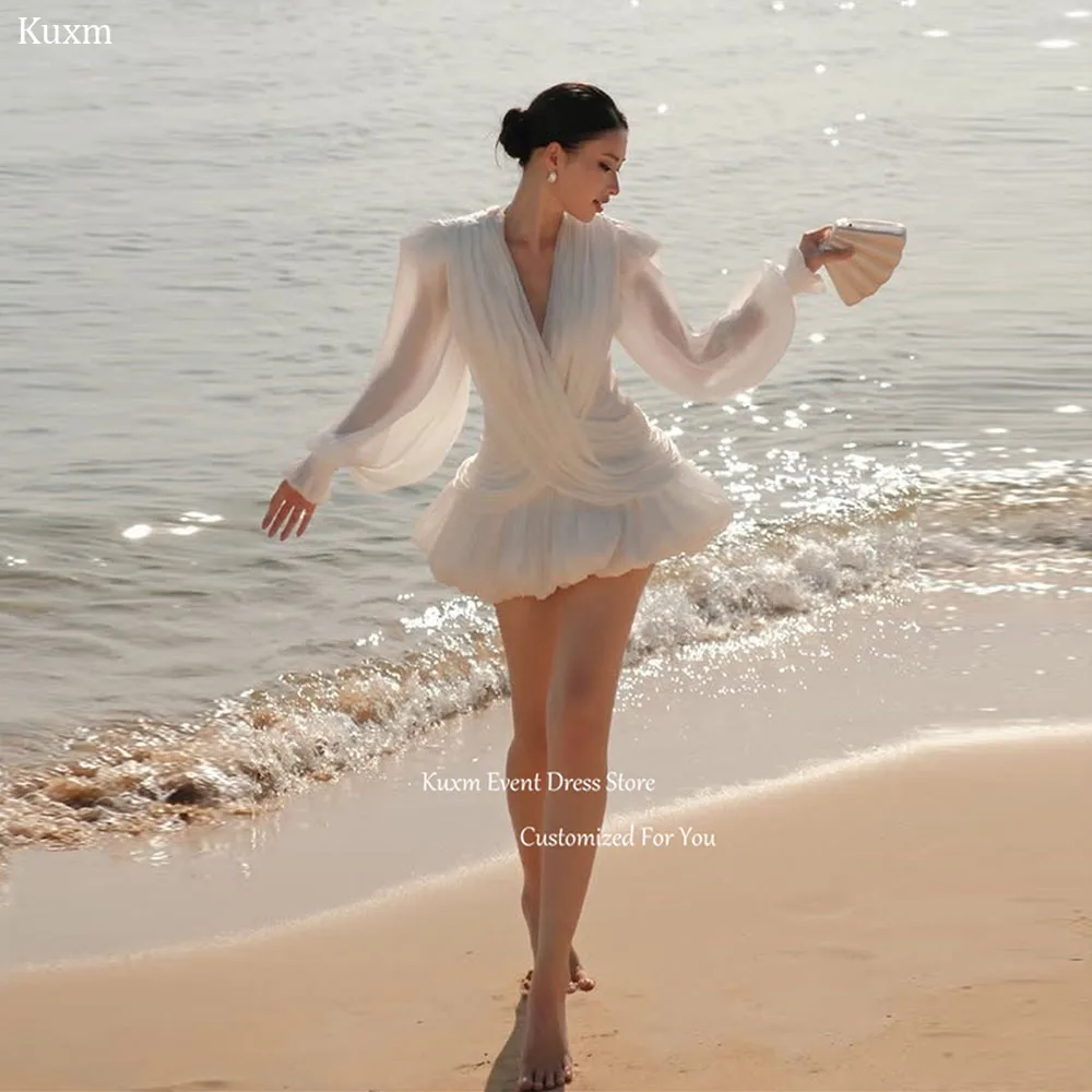 Kuxm White Deep V Neck Prom Gown Long Sleeveless Chiffon Short Cocktail Dress Above Knee Length Graduation Gown Customized
