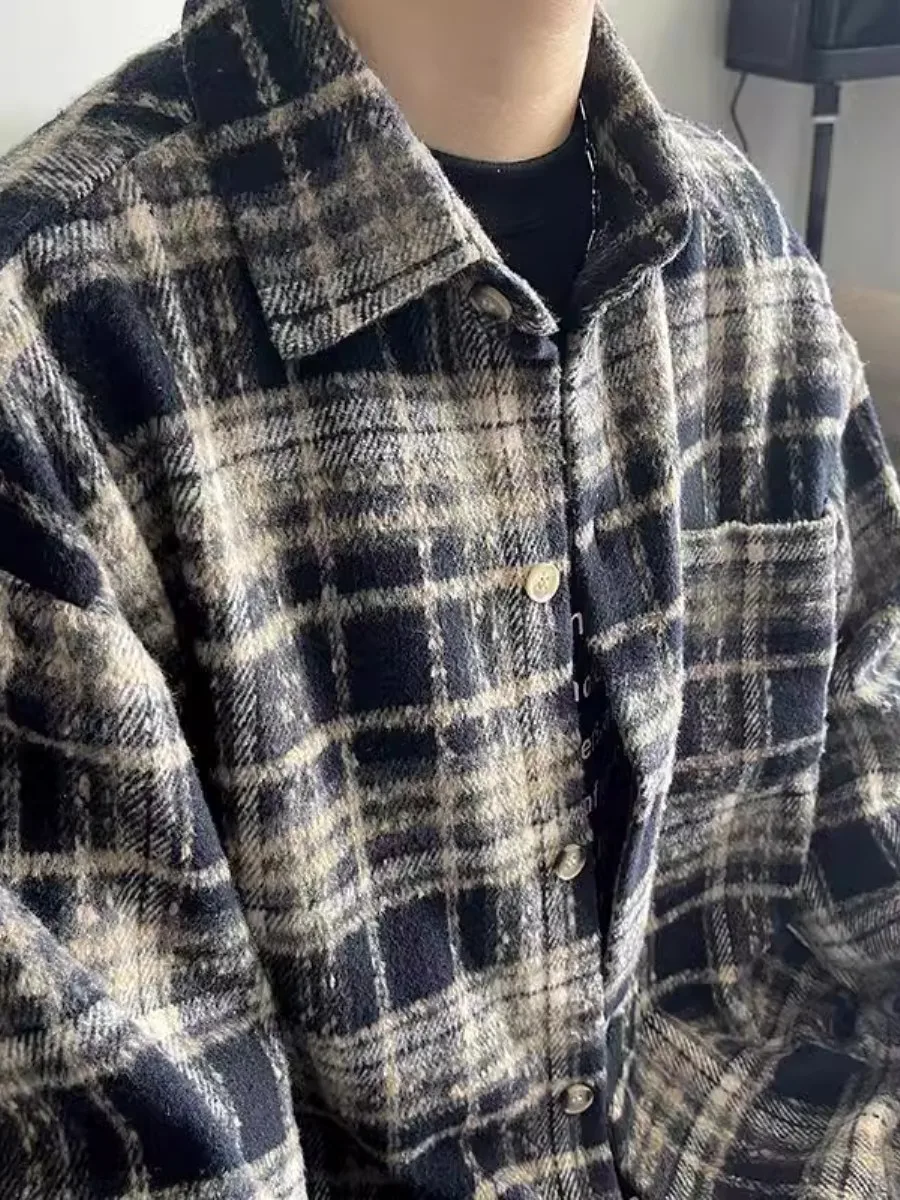

Retro Plaid Men's Long Sve irt Fce Fini Autumn Winter Oversize American Sle Cheered Top Ci Walk Spring Thie...