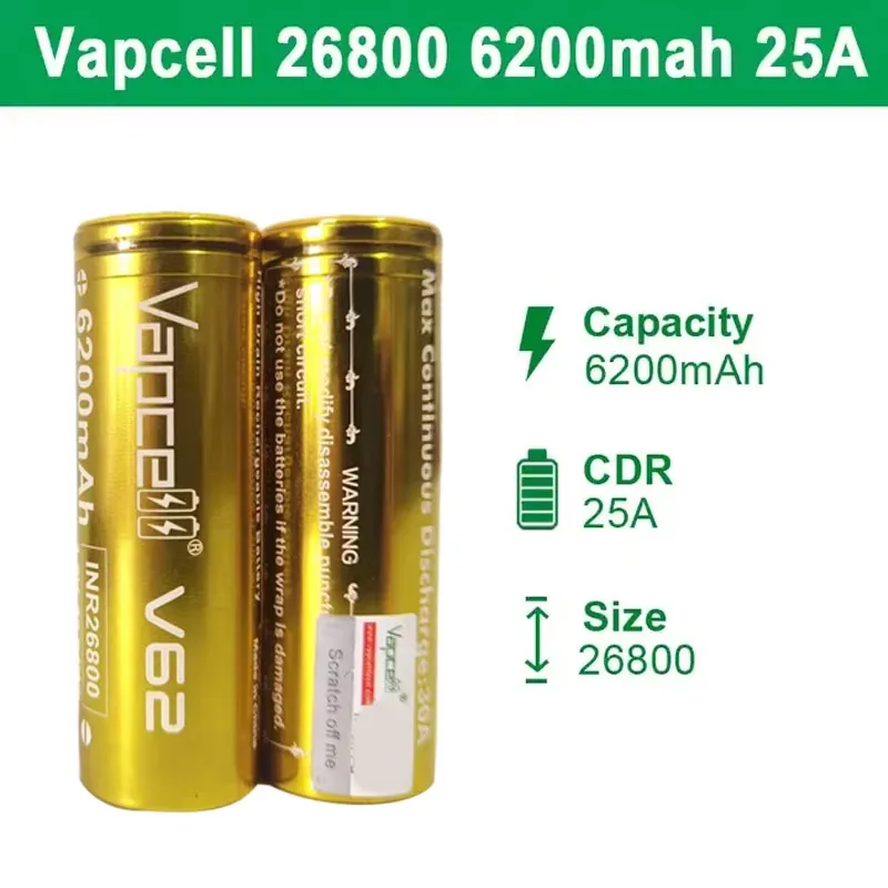 Akumulator Vapcell V62 INR 26800 o dużej pojemności 6200 mAh CDR 25A maks. 40 A 3,7 V akumulatory litowo-jonowe o dużej mocy do latarki