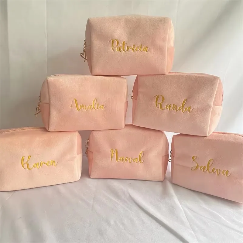 Sac de maquillage en flanelle brodée personnalisée, sac de rangement en velours de grande capacité, cadeau d'anniversaire de mariage, Logo personnalisé