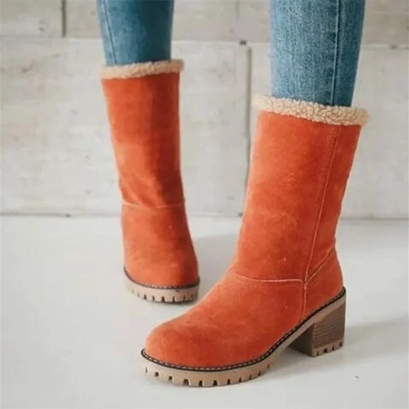 2024Autumn and Winter Fashion New Casual Comfortable Plus Velvet Warm Square Heel Round Toe Solid Color Women\'s Ankle Boots