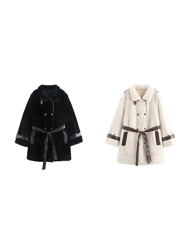 Pop 2024 New European And American Women's Fashion Temperament Fur And Leather Motorcycle Stand Collar Belt Jacket