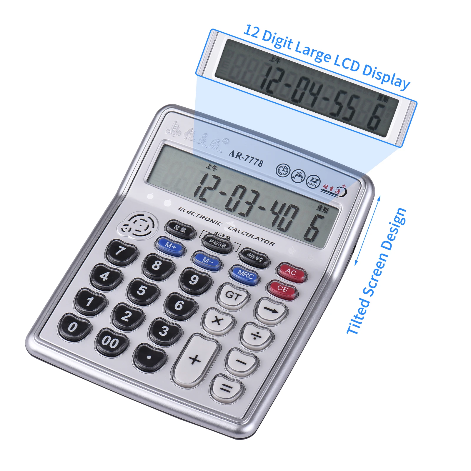 Musical Desktop Calculator 12-Digits LCD Display Electronic Calculator Counter with Music Piano Play Time Date Show Alarm Clock