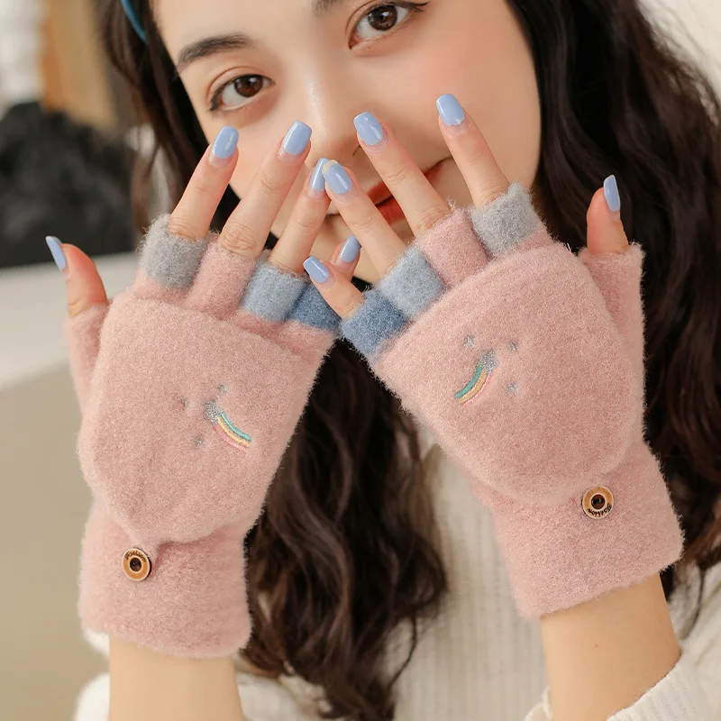 Fashion Flip-Top Dual Purpose Gloves Women Embroidered Rainbow Half-Finger Gloves Winter Students Knitted Thick Warm Gloves