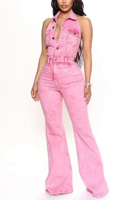 

Summer Y2K Trendy High Street Fashion Hanging Neck Backless Denim Jumpsuit Solid Color High Waisted Button Up Front Jumpsuit