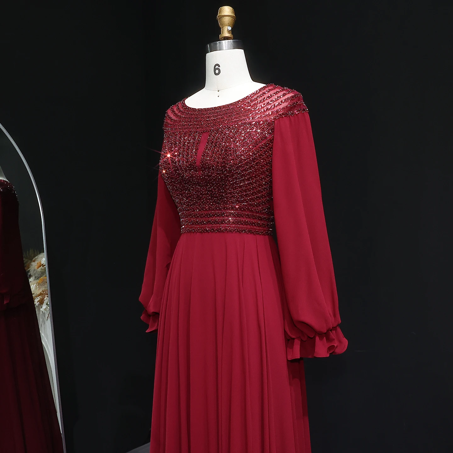 シャロンはアラビア語ネイビーブルーのイブニングドレス長袖エレガントな高級ビーズの女性のウェディングパーティードレスSF354カスタマイズ