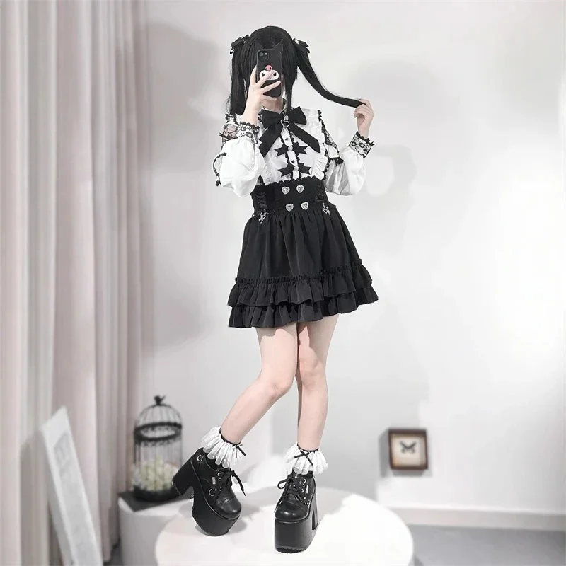 Japanese Y2K Gothic Lolita Two Piece Set Black White Lace High Waist Ruffled Mini Skirt Slimming Outfit Teen Girls Autumn Gift view 4