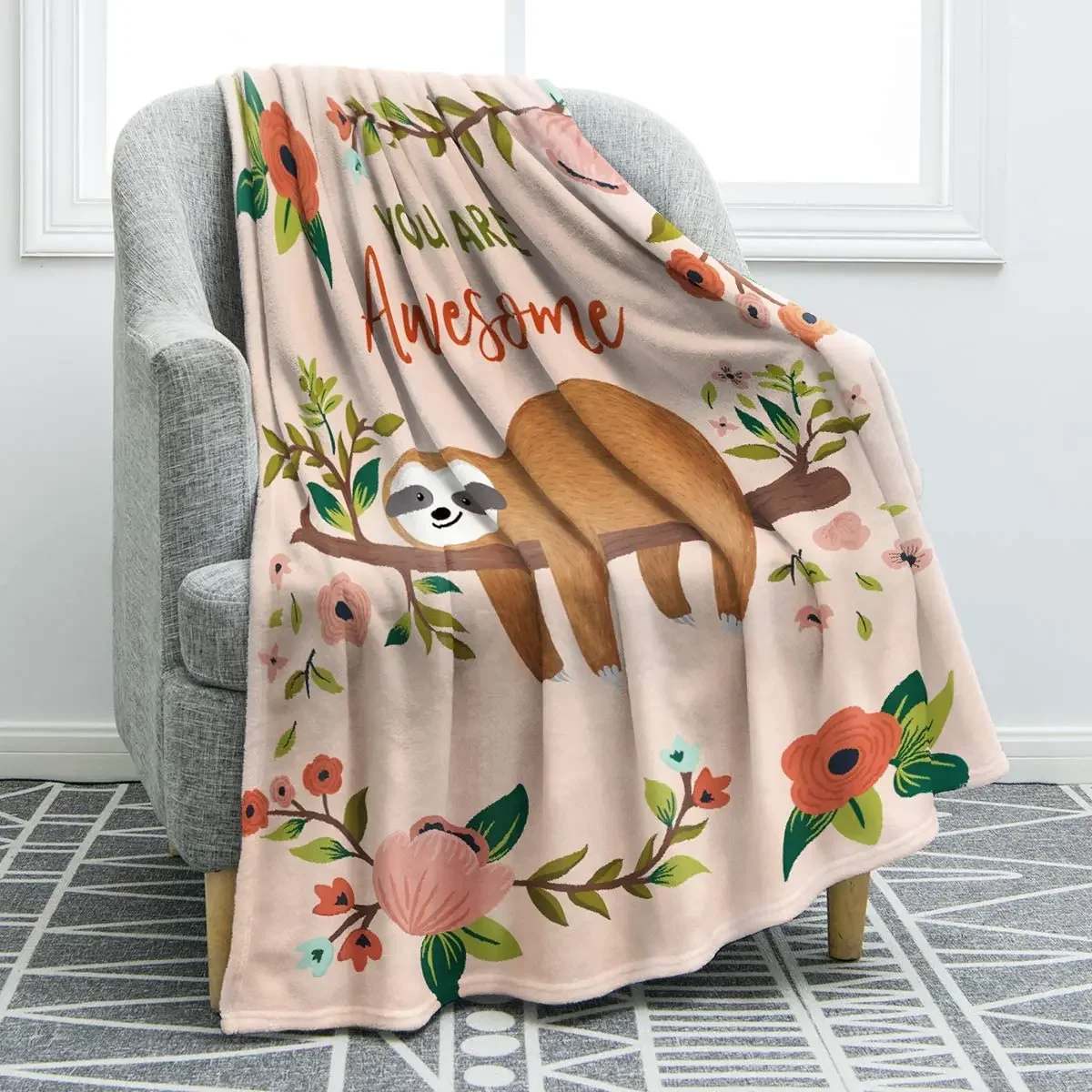 Cartoon Sloth Flannel Throw Blanket Cute Wild Animals Lazy Sloth Blanket for Bed Sofa Couch Warm Lightweight Super Soft Blanket