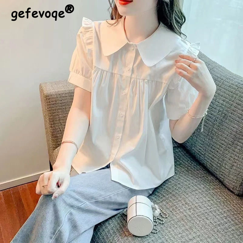 

Women Summer Ruffle Sweet Kawaii Cotton Shirts Korean Style Solid Loose Short Sleeve Blouses Y2K Chic Tops Blusa Mujer Moda 2023