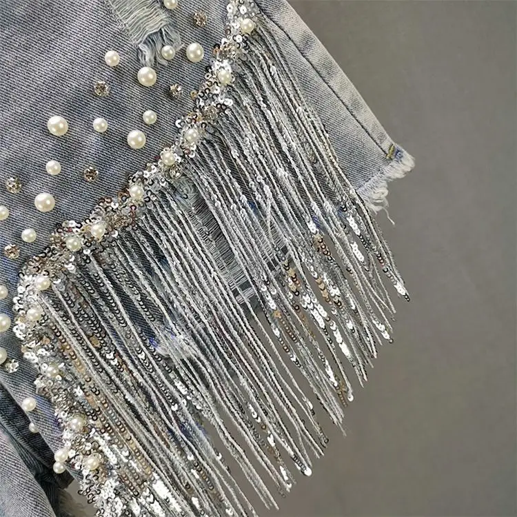 Denim Shorts Women's 2026Summer Clothes European High Waist Thin Heavy Industry Beaded Sequined Fringed Broken Copper JeansXJ125