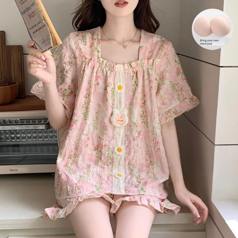 

Kawaii Rabbit Flower Print Pajamas Women 2Pcs With Chest Pad Square Neck Short Sleeve Shorts Sweet Homewear Summer Sleepwear