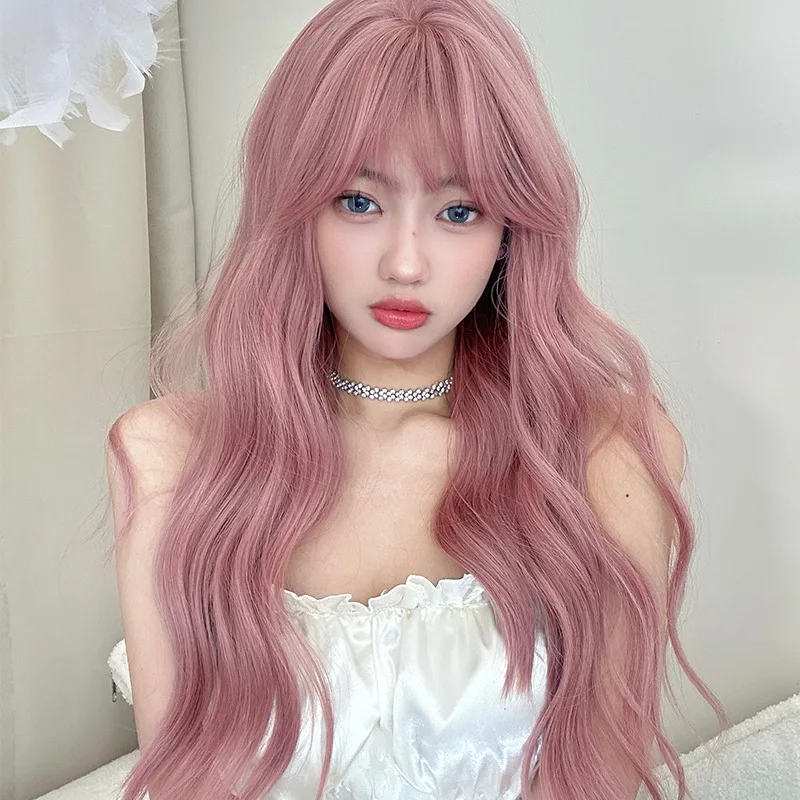 Pink Fashion Big Waves Long Curly Hair Natural Fluffy Full Head Cosplay Lolita Daily Wigs Heat Resistant Fiber