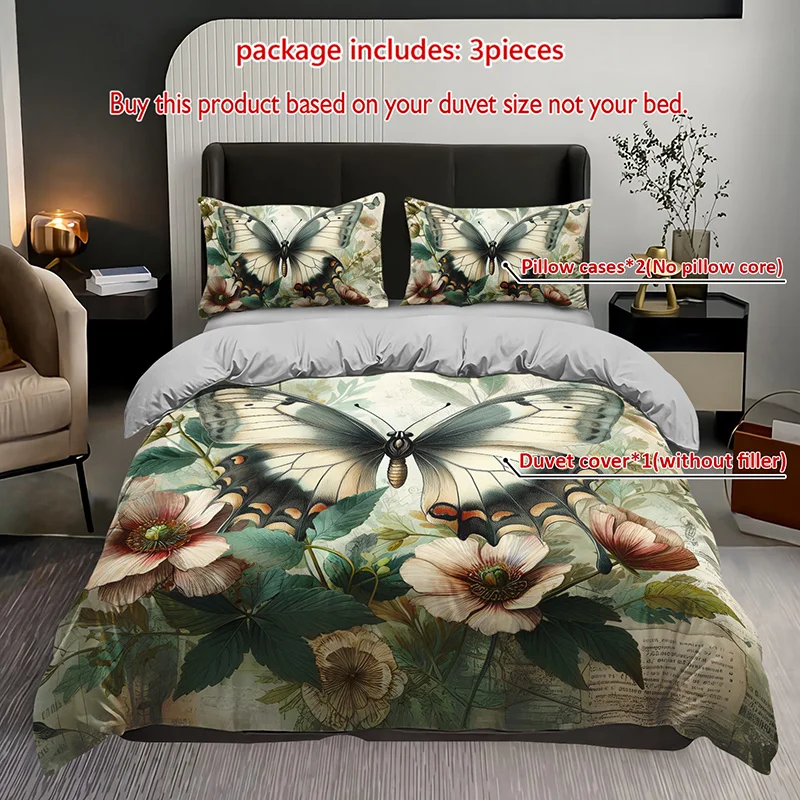 

3pcs Elegant Butterfly Floral Bedding Duvet Cover Set Botanical Butterfly Bedding Quilt Set Vintage Butterfly Themed Bed
