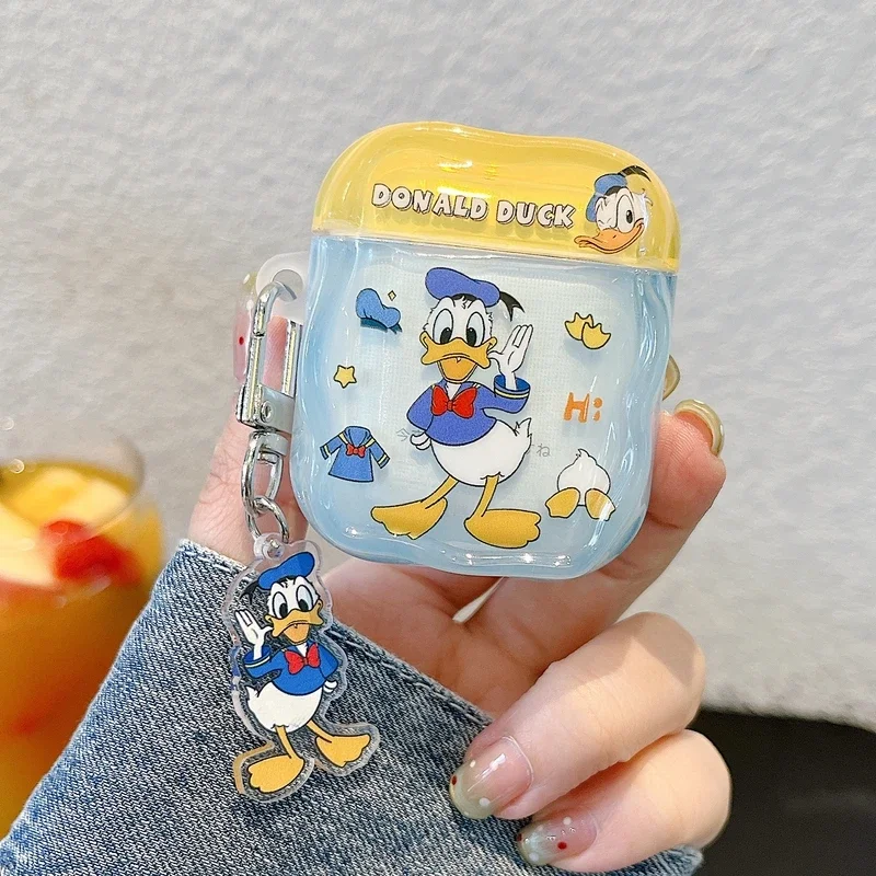 Niedliche Disney Donald Duck Kopfhörerhülle für Airpods 1 2 3 4 Pro 2, kabelloses Bluetooth-Headset, schützende, klare Abdeckung mit Anhänger