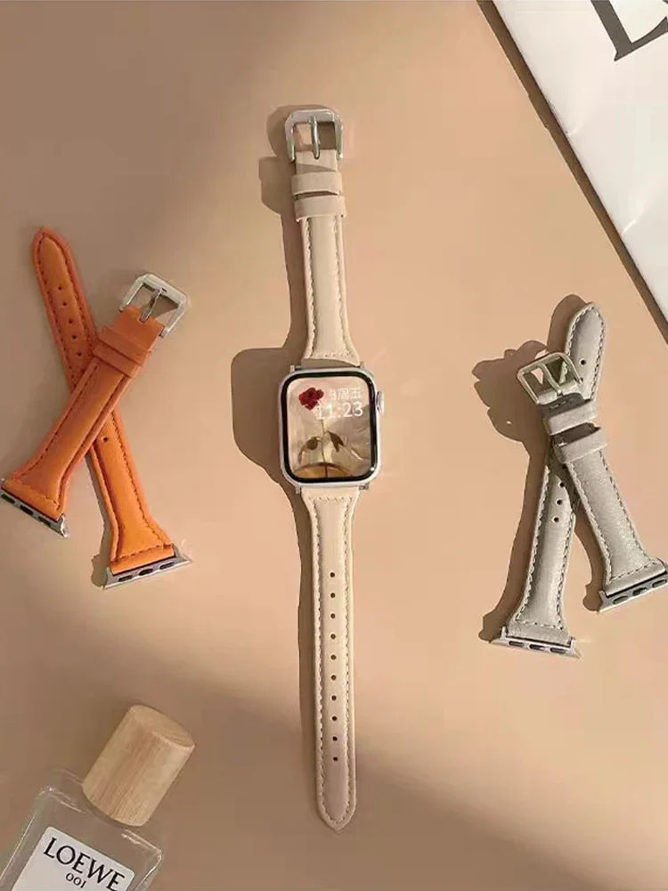 Slim Leather Strap for Apple Watch band 44mm 45mm 41mm 40mm 38mm wrist women bracelet iWatch serie 9 8 7 6 5 4 3 SE Ultra 2 49mm
