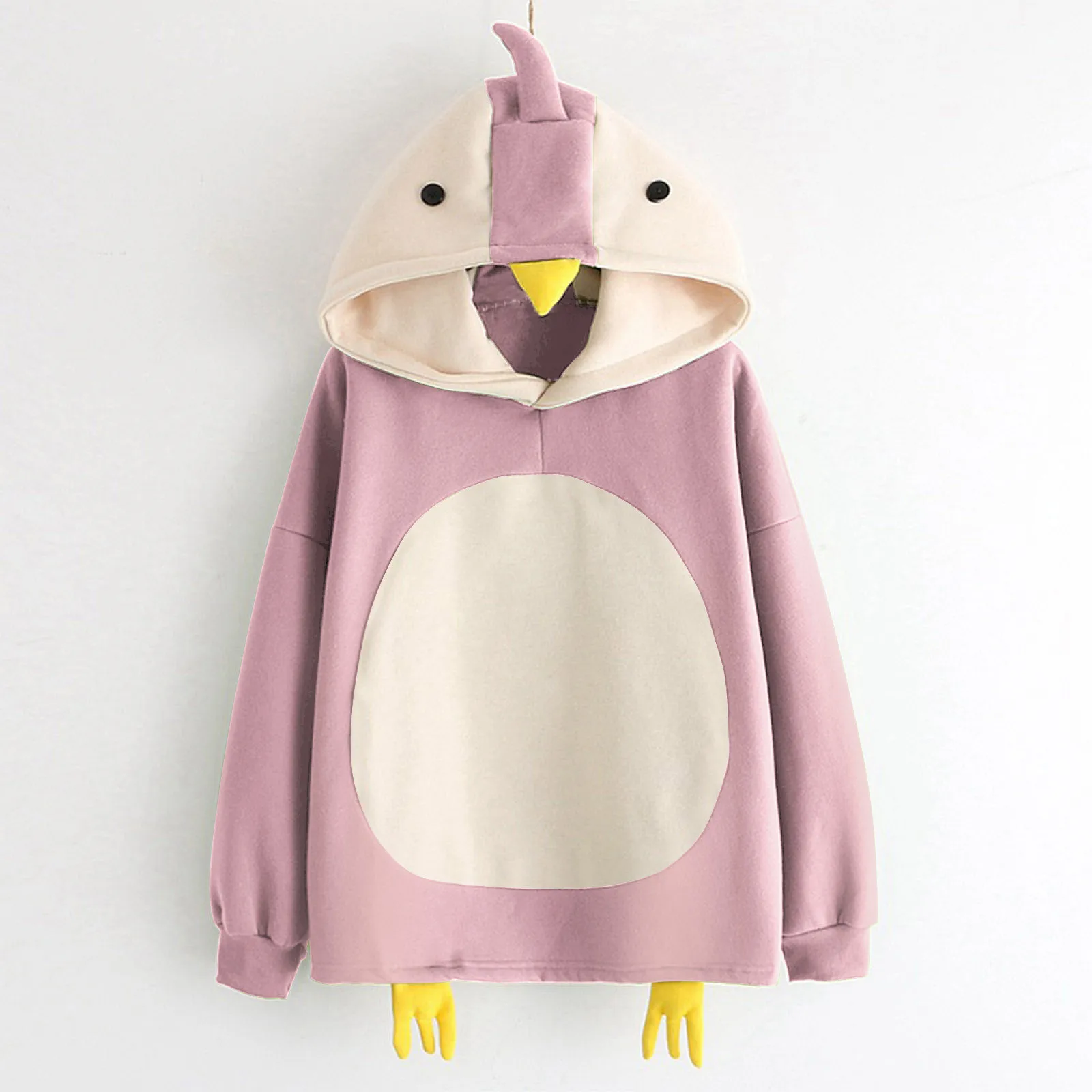 Women's Winter Autumn Hoodies Velvet Long-Sleeved Hooded Harajuku Fashion Cartoon Cute Chicken Plush Pullover Oversized Tops