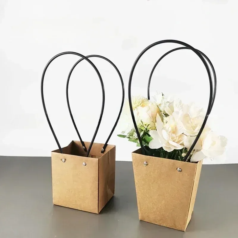 Kraft Paper Flower Hande Box Gift Candy Waterproof Bouquet Basket Biscuit Tote Trapezoidal Square Bag Christmas Party Favors