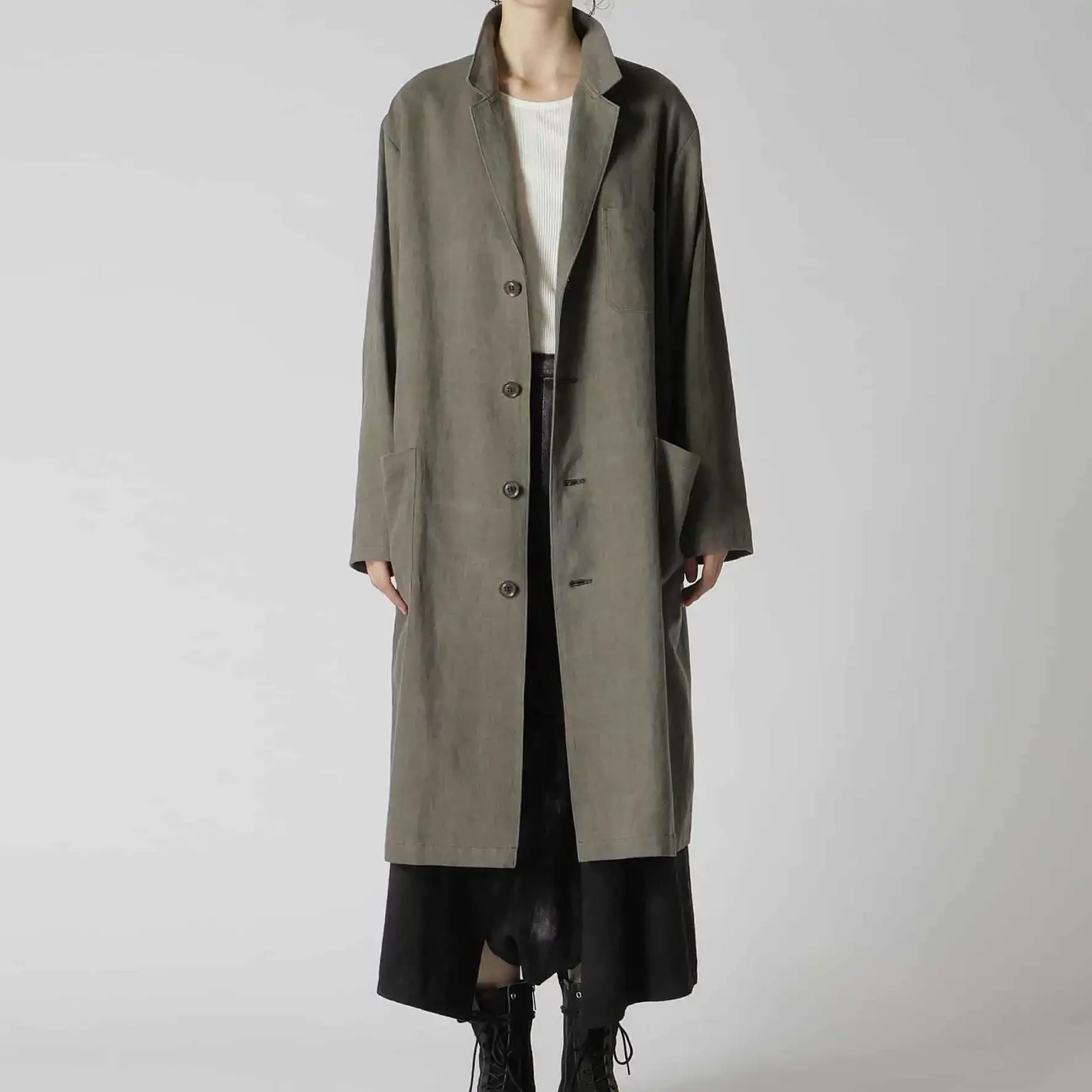 

YOJI OOAK original design suit collar cotton linen casual single breasted long sleeved mid length windbreaker jacket