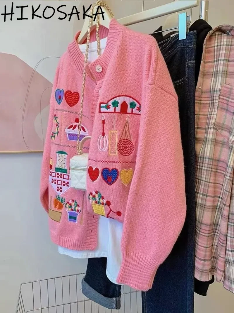 Harajuku feminino cardigã bordado dos desenhos animados, malha doce, gola O, peito único, suéteres de manga longa, blusa casual estética Y2K, fofa