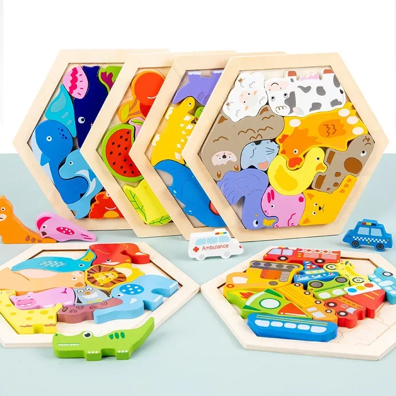 Puzzle 3D en bois Montessori pour enfants, jeu de puzzle, dinosaure, fruits, circulation, forme assortie, apprentissage précoce, cadeau