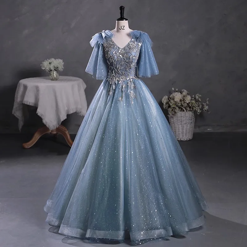 Blue Quincenara Dresses 2024 Sparkly Beading Sequin Tulle Quinceañera Dress Short Sleeves Sweet 16 Ball Gown Vestidos De 15 Años