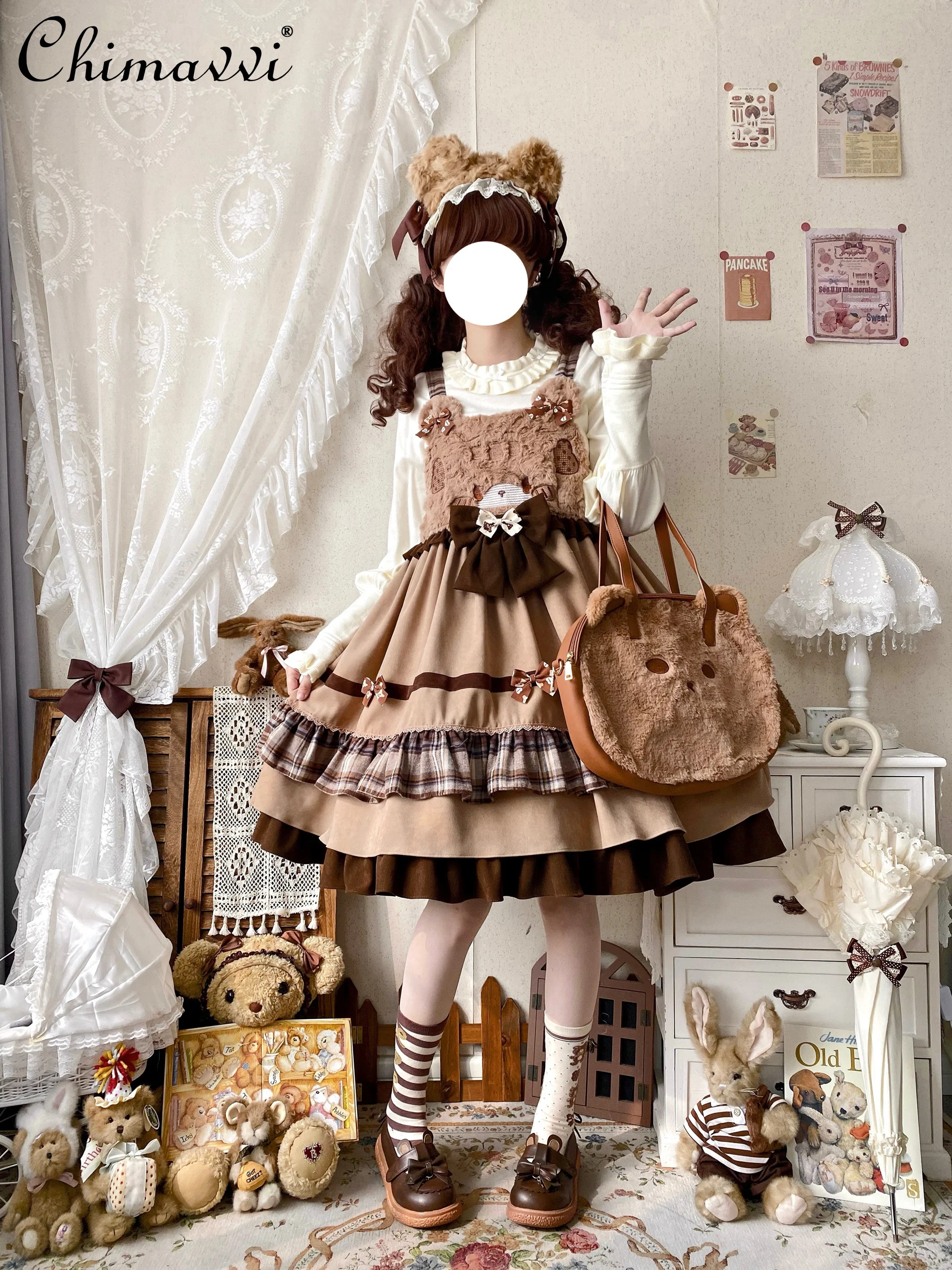 Autumn and Winter Lolita Polished Cute Strap Bow Jsk Dresses Cute Student Girl Kawaii Loose Elegant Y2k Short Dress Women image 4