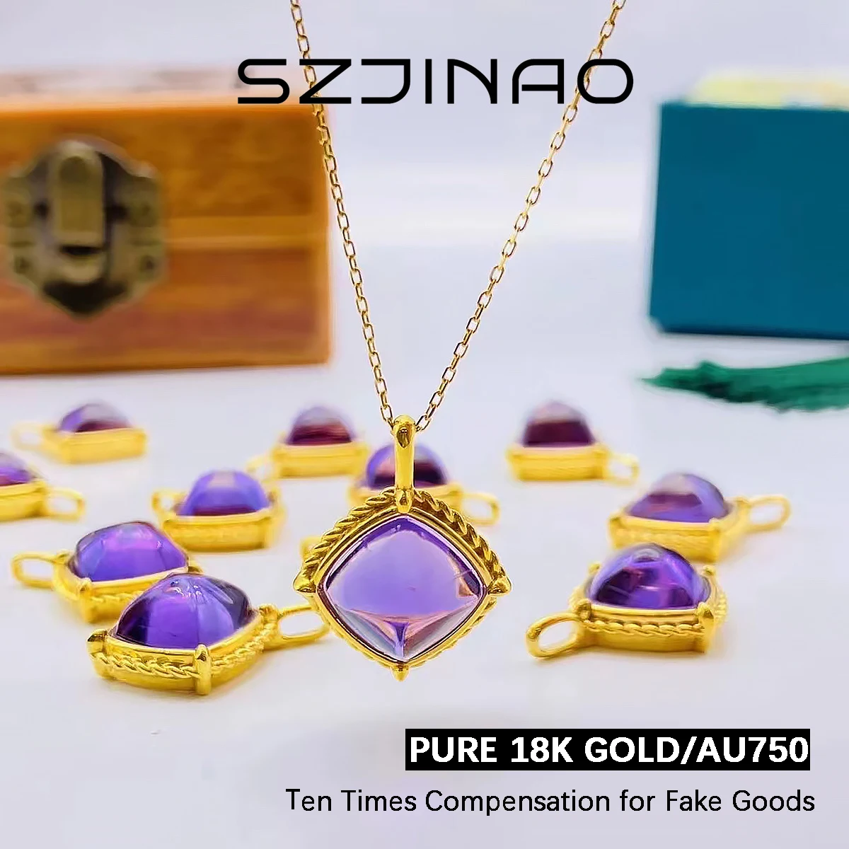 

Real 18K Yellow Gold Pendant Natural Amethyst Necklace Classic Romantic for Women Anniversary wedding Gift Fine Jewelry