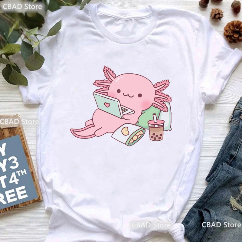 Chubby Axolotl Enjoys Bubble Tea Print T Shirt Girls Cute Koala Bear/Guinea Pig Tshirt Women Harajuku Kawaii Clothes T-Shirt