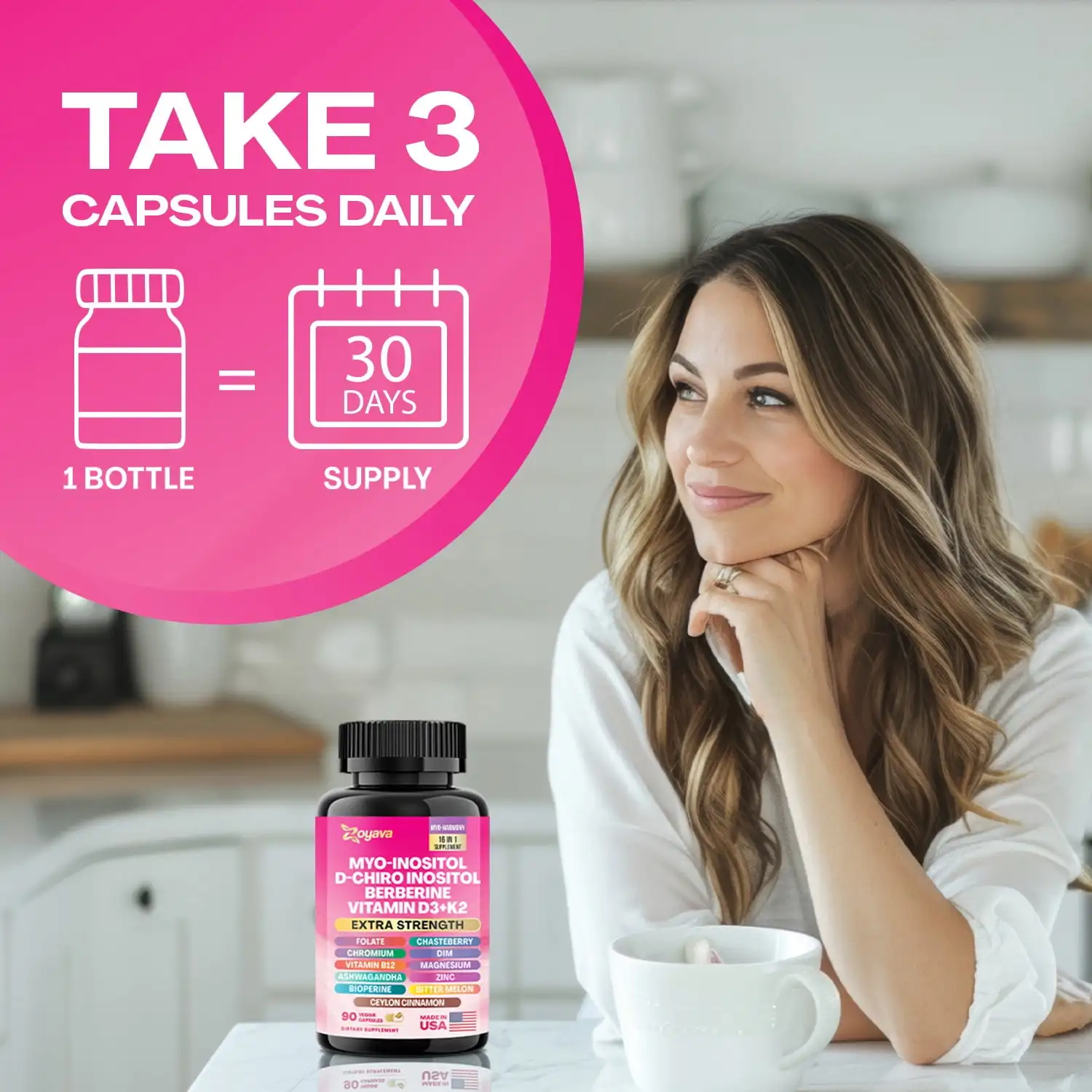 90 Capsules Myo Inositol Supplement 750mg, Berberine 500mg, D-Chiro Inositol 50mg, Folate 400mcg, Ashwagandha 100mg