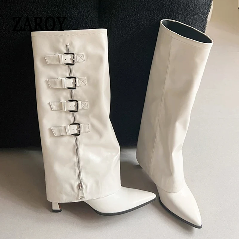 ZAROY Fold Knee-high Boots Winter Wide-leg PU Leather Long Boots Designer Belt Buckle Pointed Toe Thin High Heels Zipper Booties