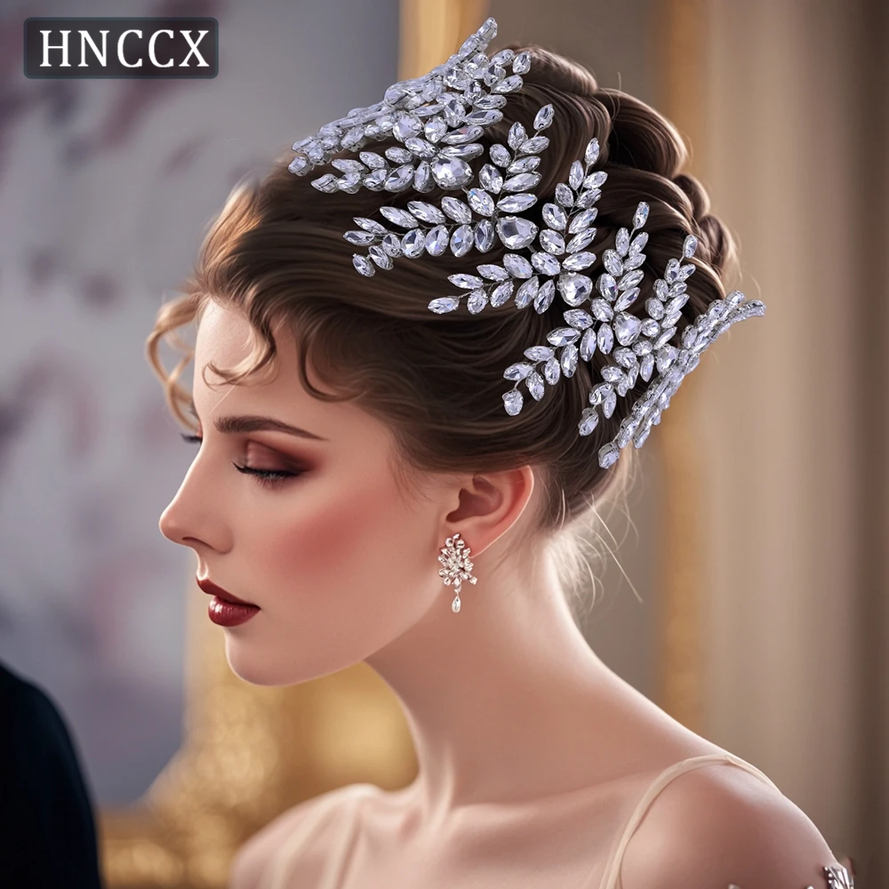 

HNCCX Luxury Full Rhinestone Headpiece And Earring Set Bridal Headwear Woman Wedding Silver Color Hair Crown Ornaments CP439